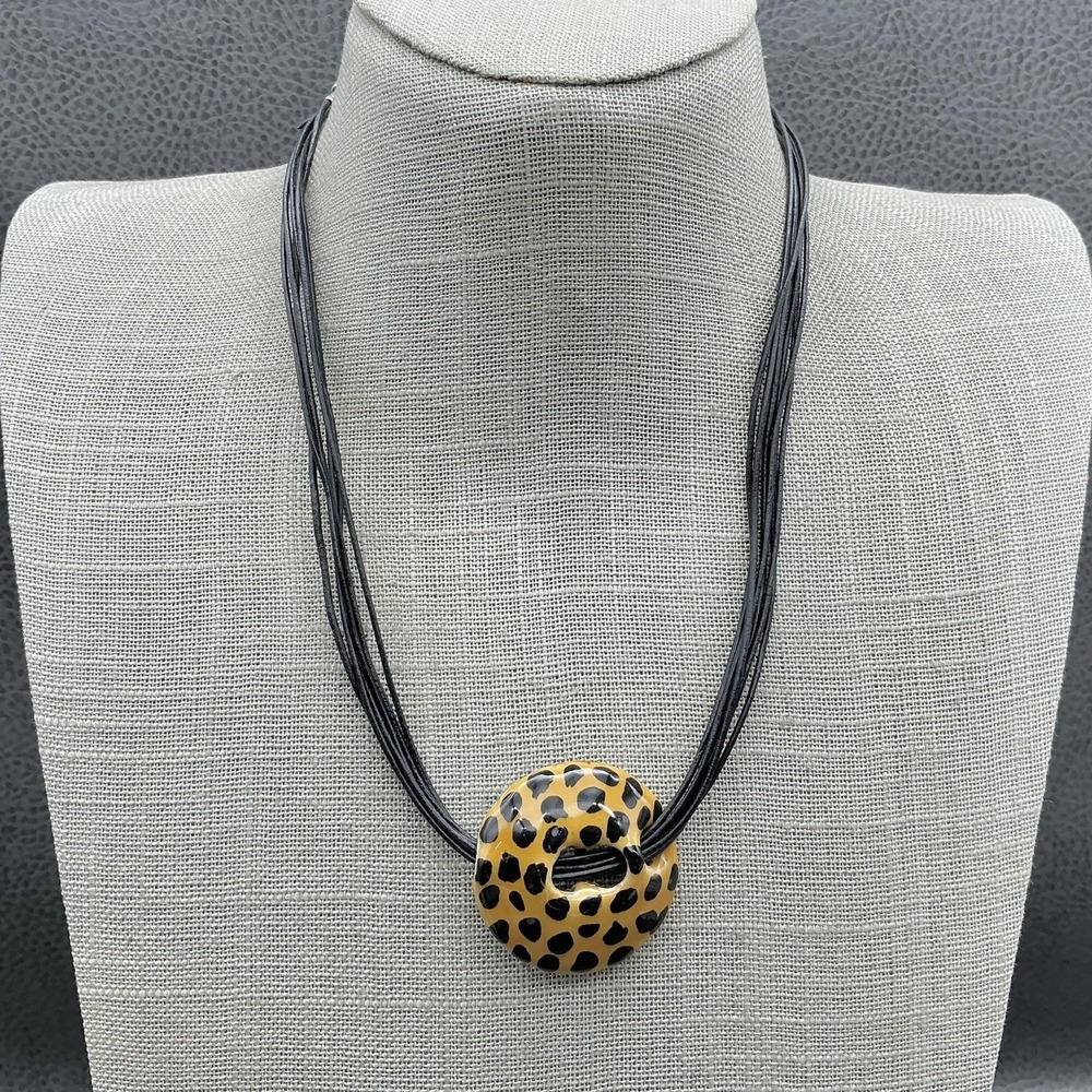 Chicos Necklace Leopard Disc Pendant Women Black Multi Strand Cord 16 Inch